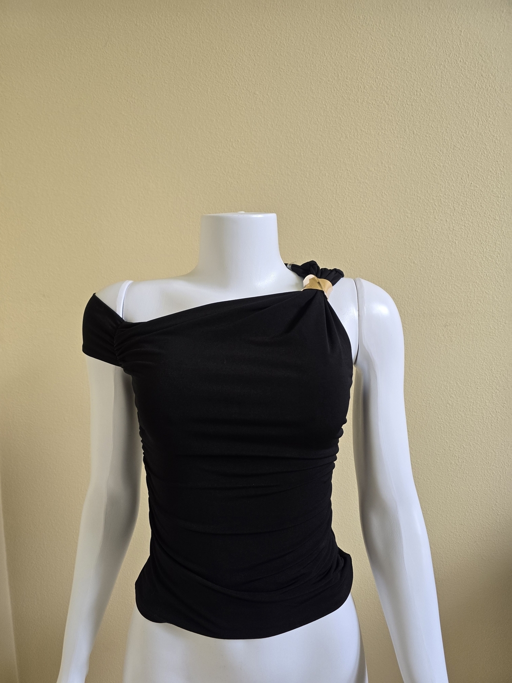 Black One-Shoulder Ruched Women’s Top with Gold Accent